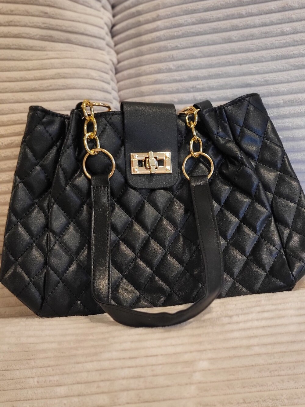 Quilted Black Satchel Handbag with Gold Hardware